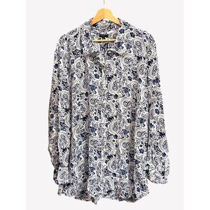 Talbots Plus 3X Navy White Paisley Button Front Long Sleeve Blouse